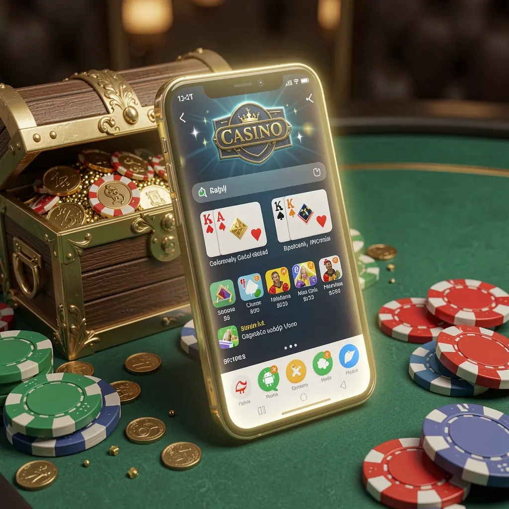 Glowing smartphone displaying FX999 Casino APK app interface with treasure chest, chips, and coins in a luxury 3D render