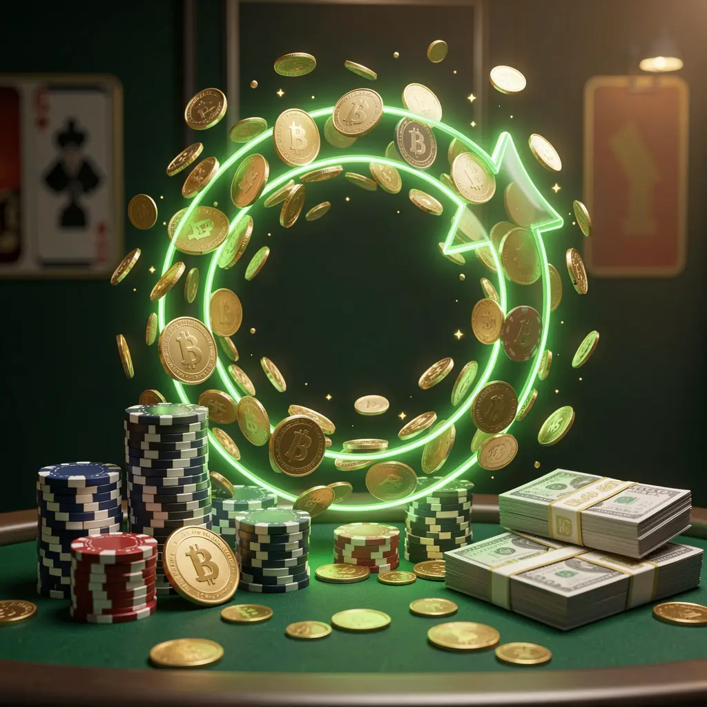FX999 cashback casino bonus scene featuring coins moving in a circular arrow, stacks of chips, and cash bundles with a green and gold glow in a realistic 3D render