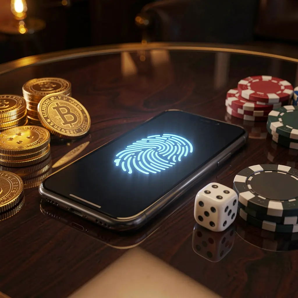 FX999 online gaming account access scene showing a smartphone with a glowing fingerprint icon surrounded by golden coins, dice, and poker chips on a glossy table under cinematic lighting