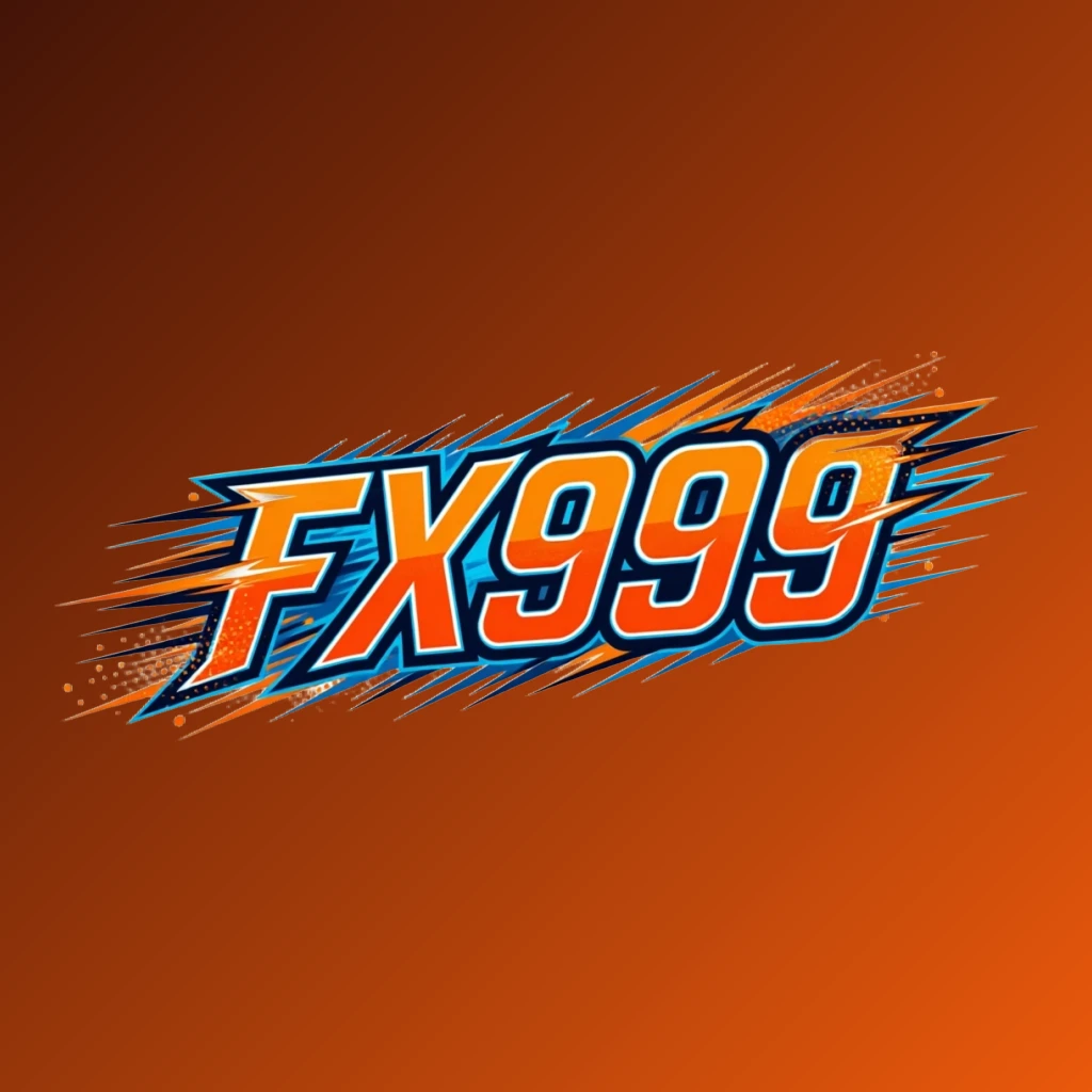 FX999 powerful sports logo with bold italic lettering in bright orange, blue, and white colors featuring speed lines and energetic motion effects on a transparent background, designed as a wide horizontal rectangular wordmark for website header