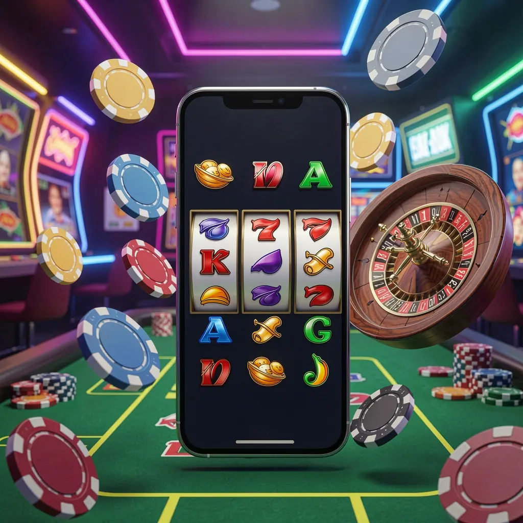 FX999 casino entertainment homepage concept showing a modern mobile phone surrounded by slot symbols, roulette wheel, chips, and coins floating against a neon casino background in a premium 3D render